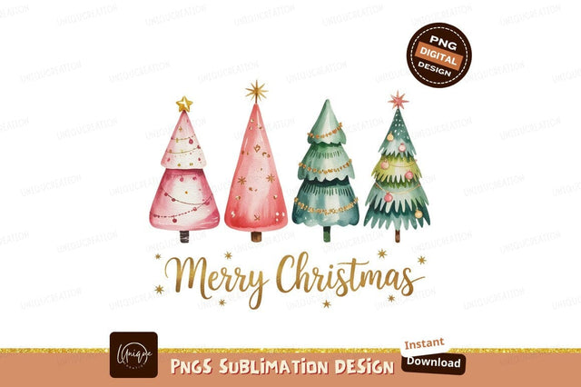 Watercolor Christmas Trees With Merry Christmas Text Sublimation Designangry 