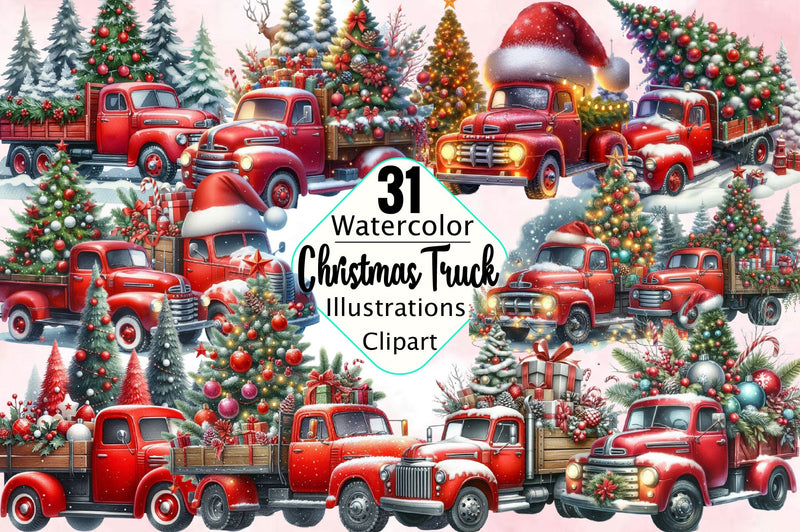 Watercolor Christmas Truck Clipart Sublimation SVGArt 