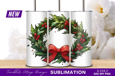 Watercolor Christmas Wreath With Red Bow Tumbler Png Sublimation Regulrcrative 
