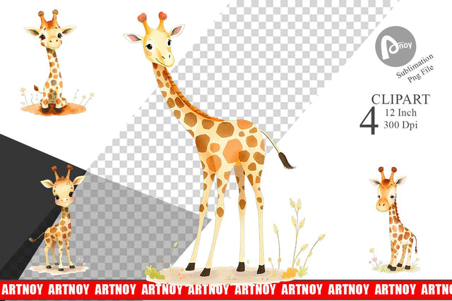 Watercolor Clipart Giraffe Wildlife Sublimation artnoy 