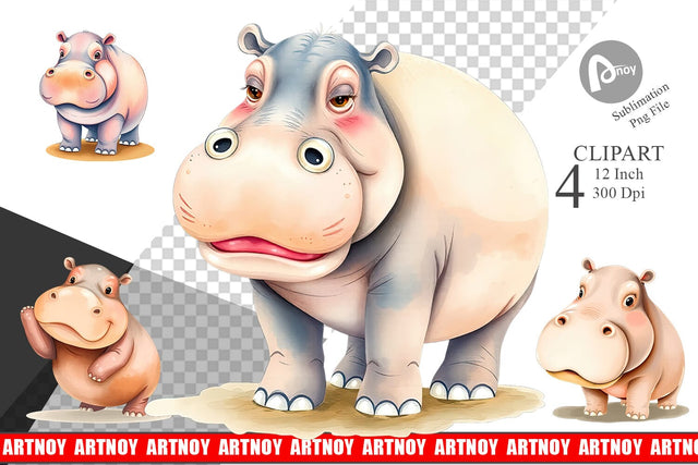 Watercolor Clipart Hippopotamus Wildlife Sublimation artnoy 