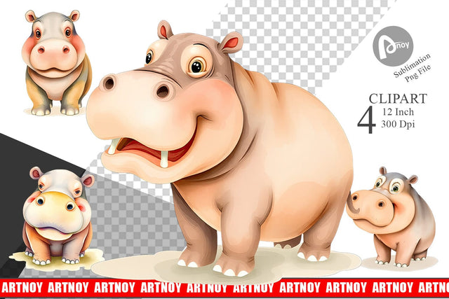 Watercolor Clipart Hippopotamus Wildlife Sublimation artnoy 