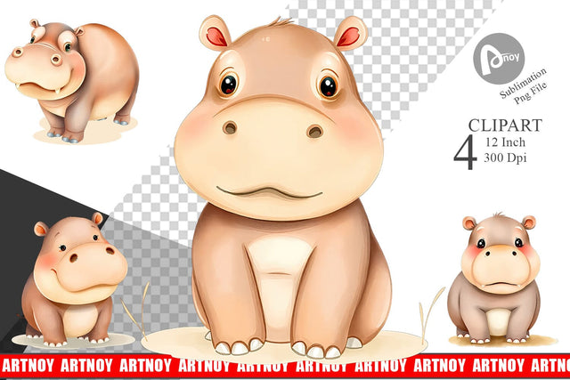 Watercolor Clipart Hippopotamus Wildlife Sublimation artnoy 
