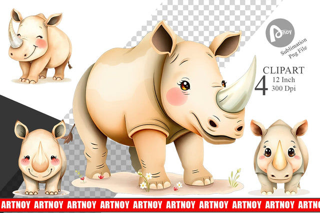 Watercolor Clipart Rhinoceros Wildlife Sublimation artnoy 