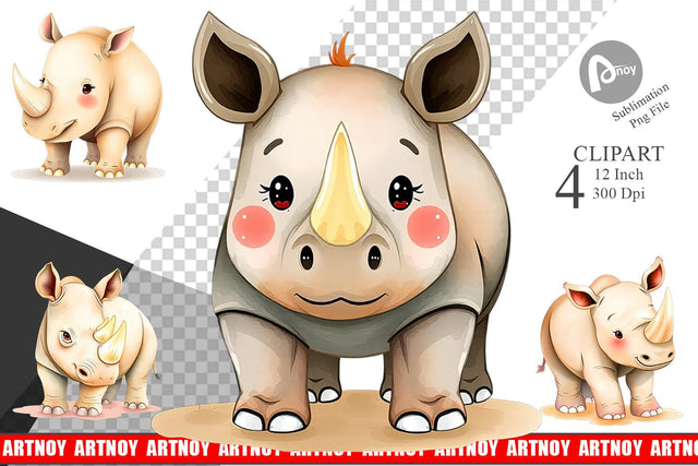 Watercolor Clipart Rhinoceros Wildlife Sublimation artnoy 