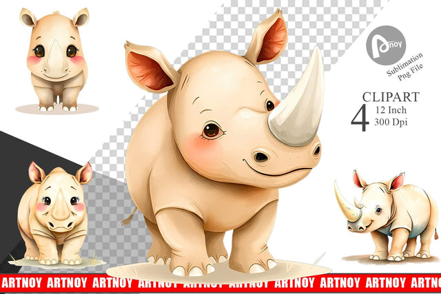 Watercolor Clipart Rhinoceros Wildlife Sublimation artnoy 