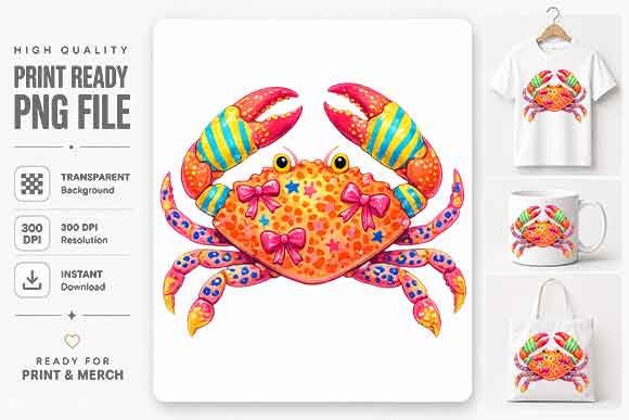 Watercolor Coastal Crab PNG Colorful Sea Life Sublimation Design SVG BillahCrafts 