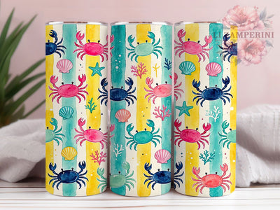 Watercolor Coastal Crabs 20oz Tumbler, Watercolor Crab Motif, Coastal Art Design, Ocean Theme, Nautical Accent, Whimsical Charm, Sublimation Wrap, 20oz Tumbler Sublimation Li Zamperini 