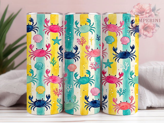 Watercolor Coastal Crabs 20oz Tumbler, Watercolor Crab Motif, Coastal Art Design, Ocean Theme, Nautical Accent, Whimsical Charm, Sublimation Wrap, 20oz Tumbler Sublimation Li Zamperini 