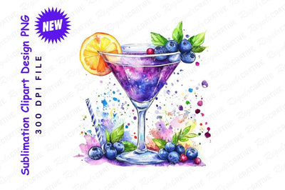 Watercolor Cocktail With Blueberries Clipart Png Sublimation Regulrcrative 