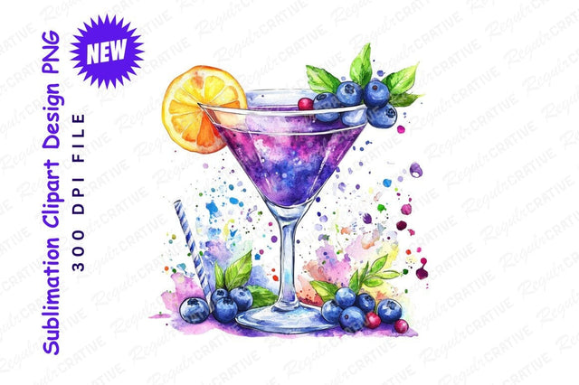 Watercolor Cocktail With Blueberries Clipart Png Sublimation Regulrcrative 