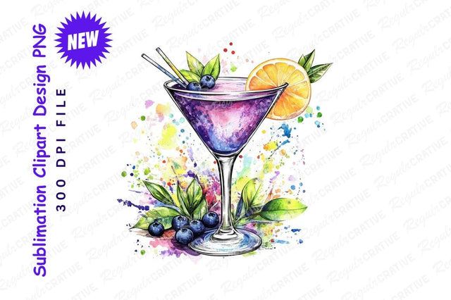 Watercolor Cocktail With Orange And Blueberries Clipart Sublimation Regulrcrative 