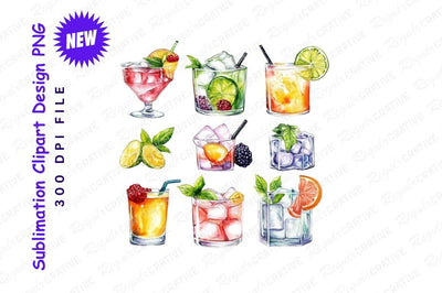 Watercolor Cocktails Clipart Refreshing Drink Collection Sublimation Regulrcrative 