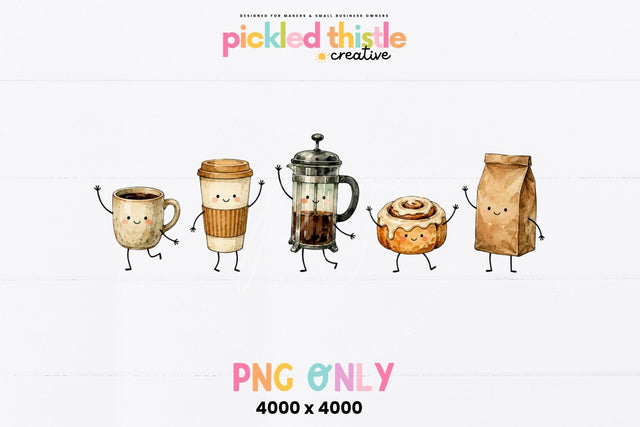 Watercolor Coffee Character PNG, Cute Cafe Digital Design SVG Pickled Thistle Creative 