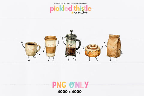 Watercolor Coffee Character PNG, Cute Cafe Digital Design SVG Pickled Thistle Creative 
