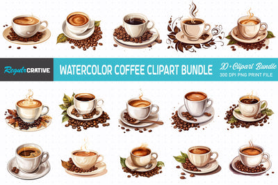 Watercolor Coffee PNG Clipart Bundle Sublimation Regulrcrative 