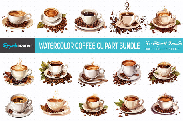 Watercolor Coffee PNG Clipart Bundle Sublimation Regulrcrative 