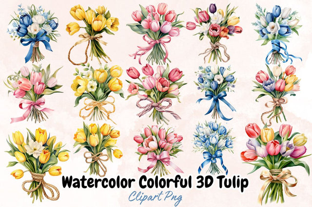 Watercolor Colorful 3D Tulip Clipart Bundle Sublimation Designangry 