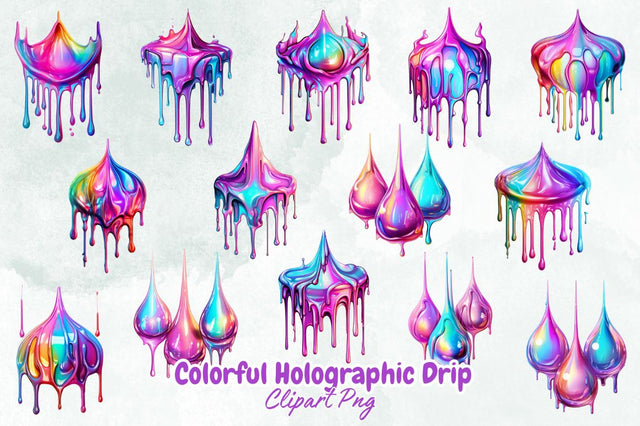 Watercolor Colorful Holographic Drip Clipart Bundle Sublimation Designangry 