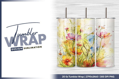 Watercolor Cosmos Flowers in Vibrant Colors with Green Stems and Leaves Sublimation Regulrcrative 