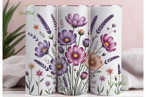 Watercolor Cosmos & Lavender Tumbler Sublimation PixelChick 