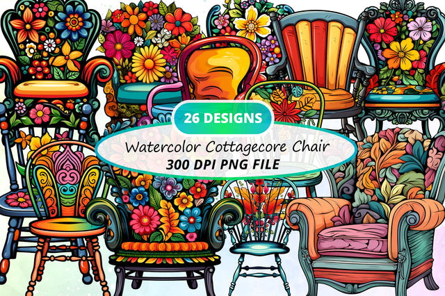 Watercolor Cottagecore Chair Clipart Bundle Sublimation Regulrcrative 