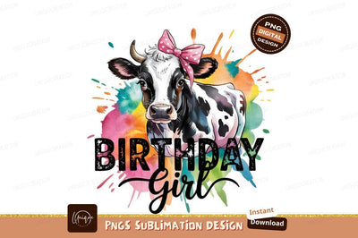 Watercolor Cow Birthday Girl Sublimation Design Sublimation Designangry 
