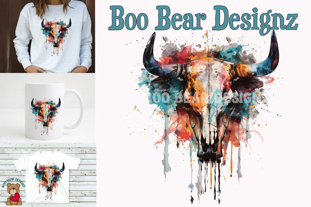 Watercolor Cow Skull Clipart Sublimation Boo Bear Designz 