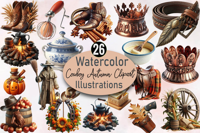 Watercolor Cowboy Autumn Clipart Sublimation SVGArt 