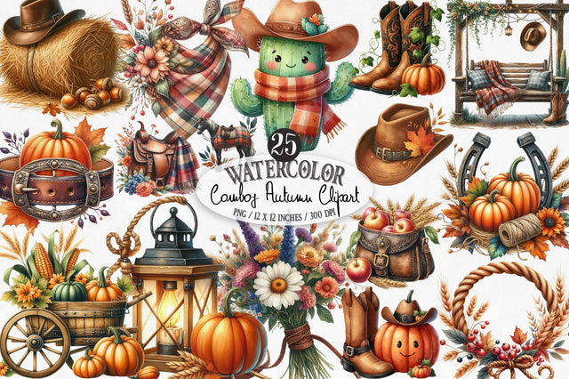 Watercolor Cowboy Autumn Clipart Sublimation SVGista 