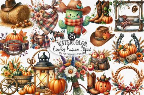 Watercolor Cowboy Autumn Clipart Sublimation SVGista 
