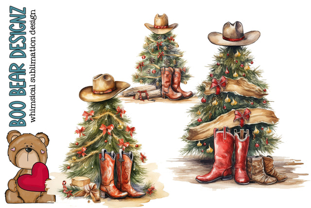 Watercolor Cowboy Christmas Tree Clipart Sublimation Boo Bear Designz 