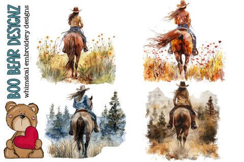 Watercolor Cowgirl Horse back riding Clipart Sublimation Boo Bear Designz 