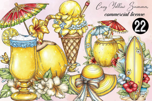 Watercolor Cozy Yellow Summer Clipart Bundle. Sublimation SVGArt 