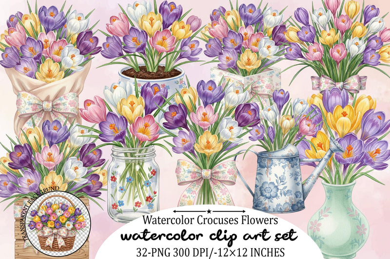 Watercolor Crocuses Clipart Bundle. SVG SVGArt 
