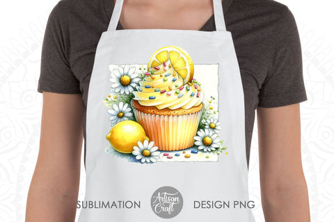 Watercolor cupcake clipart with lemons, sprinkles and daisies Sublimation Artisan Craft SVG 