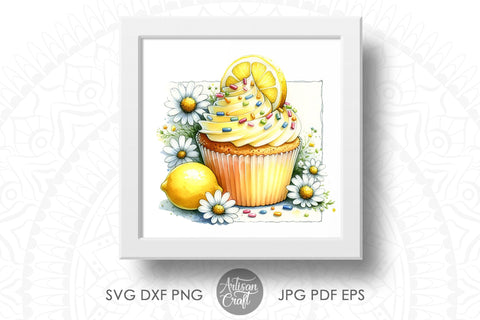 Watercolor cupcake clipart with lemons, sprinkles and daisies Sublimation Artisan Craft SVG 