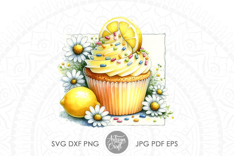 Watercolor cupcake clipart with lemons, sprinkles and daisies Sublimation Artisan Craft SVG 