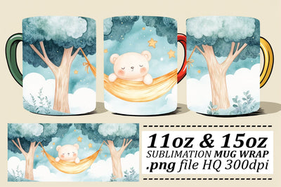 Watercolor Cute Bear Mug Wrap 11oz 15oz Sublimation afrosvg 