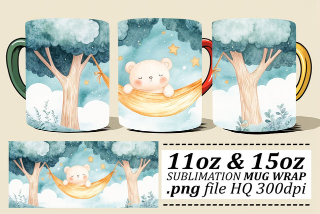 Watercolor Cute Bear Mug Wrap 11oz 15oz Sublimation afrosvg 