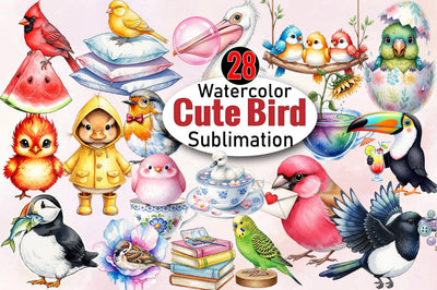 Watercolor Cute Bird Sublimation Clipart Bundle. Sublimation SVGArt 