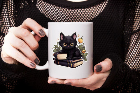 Watercolor Cute Black Cat & Books Stickers Bundle Sublimation Designangry 