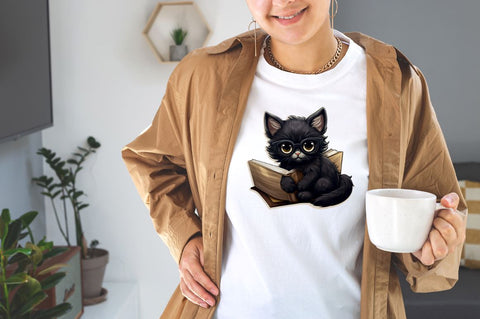 Watercolor Cute Black Cat & Books Stickers Bundle Sublimation Designangry 