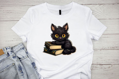 Watercolor Cute Black Cat & Books Stickers Bundle Sublimation Designangry 