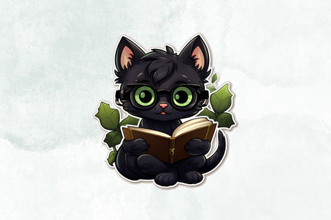 Watercolor Cute Black Cat & Books Stickers Bundle Sublimation Designangry 