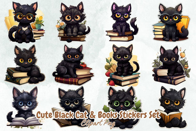 Watercolor Cute Black Cat & Books Stickers Bundle Sublimation Designangry 