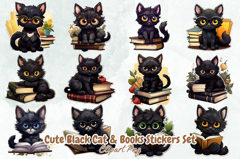 Watercolor Cute Black Cat & Books Stickers Bundle Sublimation Designangry 