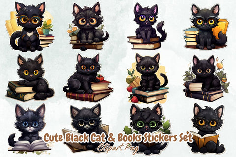 Watercolor Cute Black Cat & Books Stickers Bundle Sublimation Designangry 