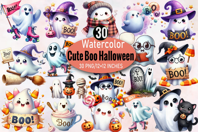 Watercolor Cute Boo Halloween Clipart Bundle. Sublimation SVGArt 