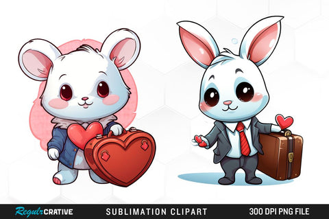 Watercolor Cute Bunny Holding Heart Clipart Bundle Sublimation Regulrcrative 